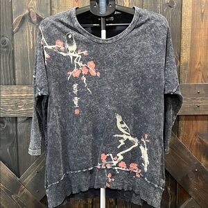 Jess & Jane Mineral Washed Dolman Top S Black Floral Bird Graphic Oversized Boho